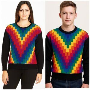 Vtg Christina Lamb Wool Angora Crew Neck Sweater Rainbow S/M geometric Unisex